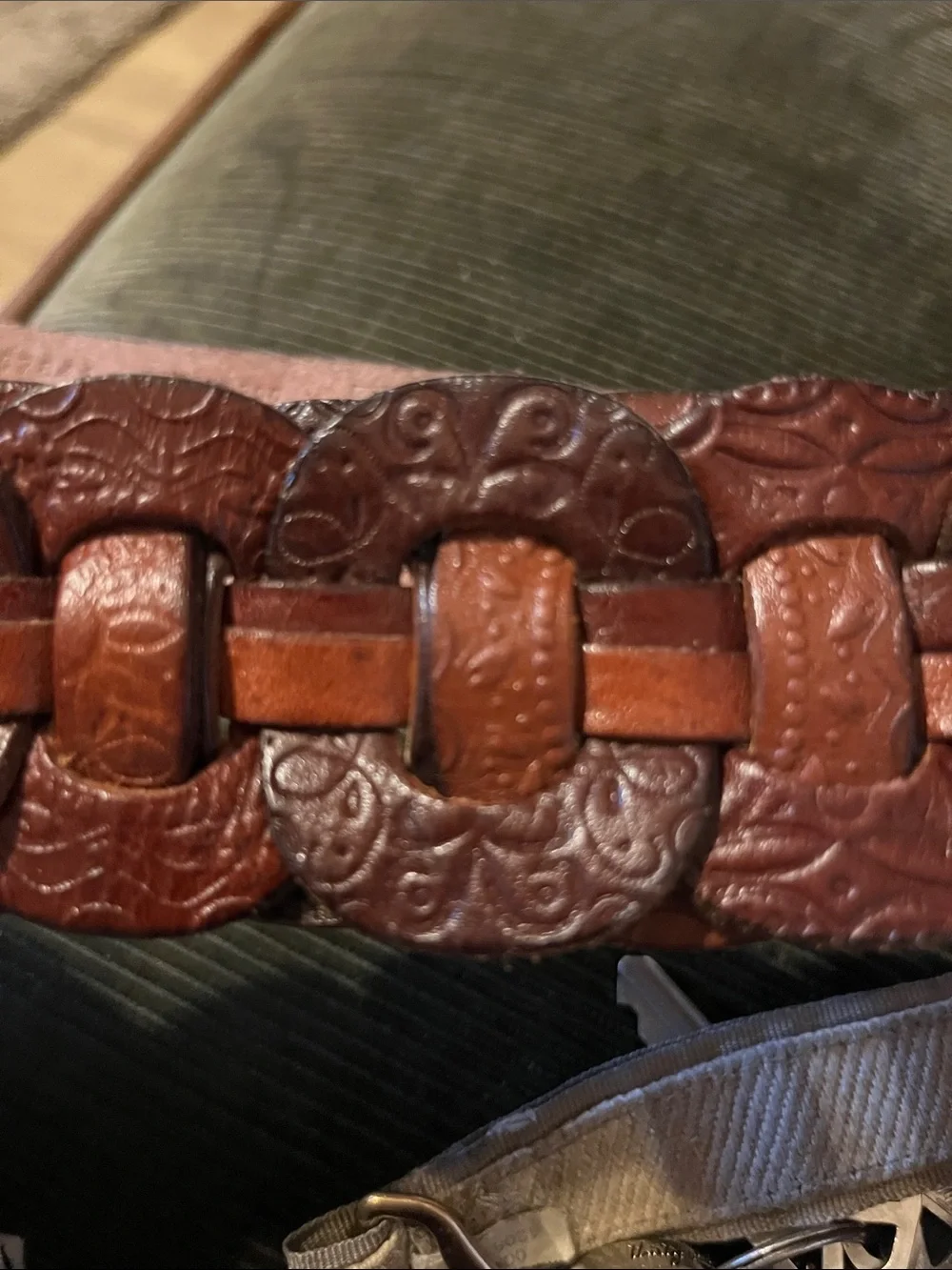 Fossil Tooled Chain Woven Belt Brown Leather Western Wide 2.75